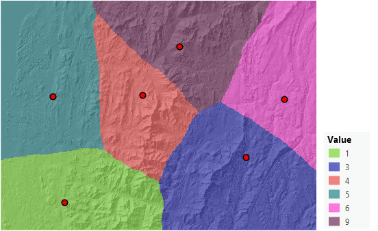 Distance allocation map identifying for each cell the cheapest source